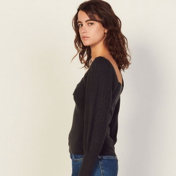 Sandro Paris Sweetheart Neck Wool Blend Cropped Knit Top Gray Medium - Picture 5 of 13